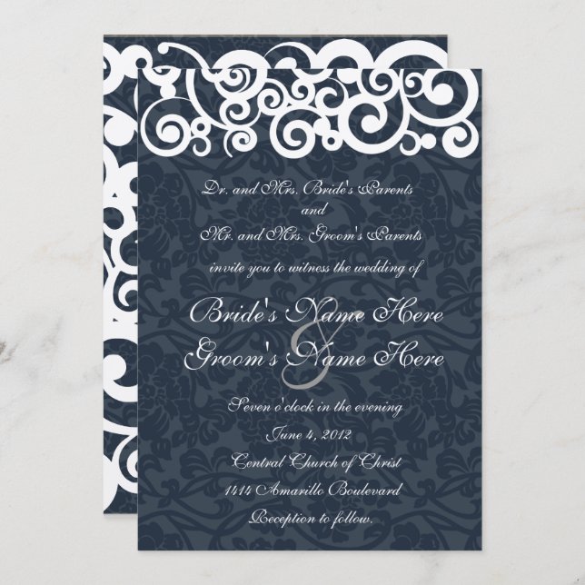 Winter Navy Blue Swirls Wedding Invitation (Front/Back)