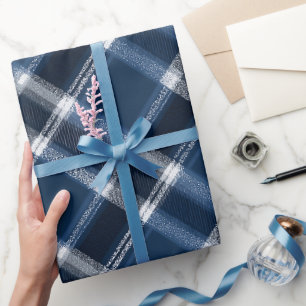 Winter Navy White Snow Ice Blue Plaid Pattern Wrapping Paper