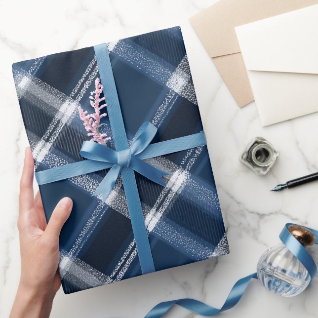 Winter Navy White Snow Ice Blue Plaid Pattern Wrapping Paper (Gifting)