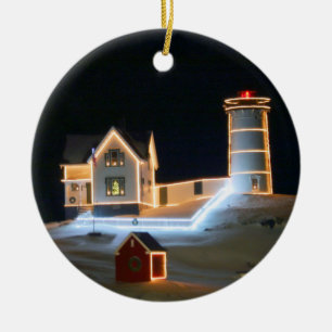 Winter night at Nubble Light. Ceramic Ornament