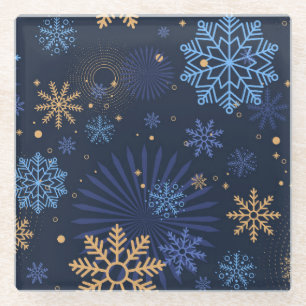 Winter Night: Blue Snowflake Pattern. Glass Coaster