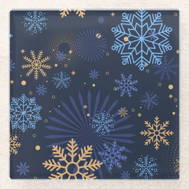 Winter Night: Blue Snowflake Pattern. Glass Coaster (Front)