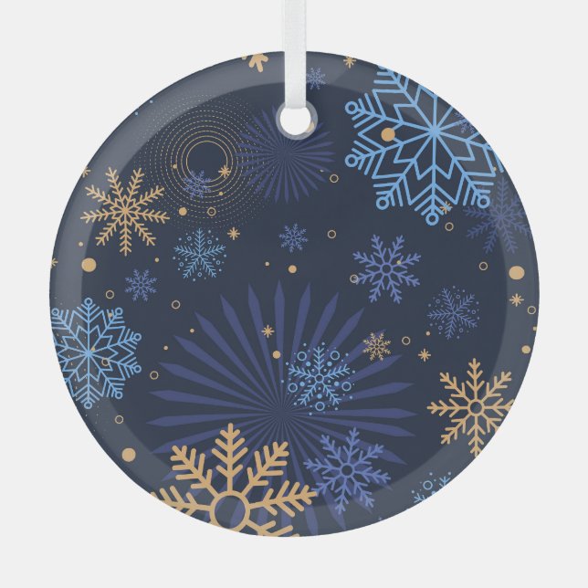 Winter Night: Blue Snowflake Pattern. Glass Tree Decoration (Front)