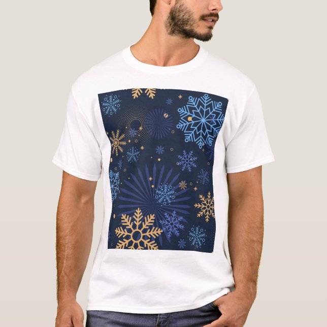 Winter Night: Blue Snowflake Pattern. T-Shirt (Front)