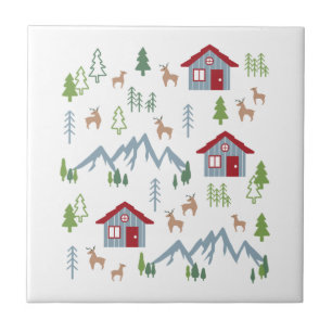 Winter Night Deer Forest Cabin Pattern II Ceramic Tile
