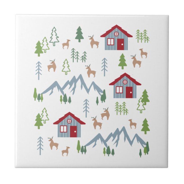 Winter Night Deer Forest Cabin Pattern II Ceramic Tile (Front)