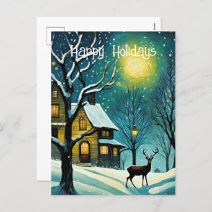 Winter Night Forest Full Moon Cabin Deer Christmas Holiday Postcard