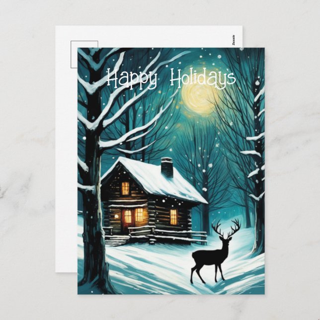 Winter Night Forest Log Cabin Deer Christmas Holiday Postcard (Front/Back)
