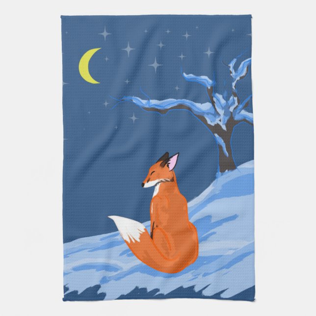 Winter Night Fox Tea Towel (Vertical)