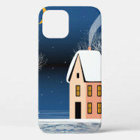 Winter night landscape. Cosy house, various trees,