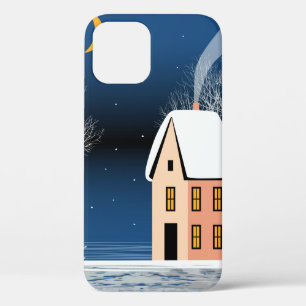 Winter night landscape. Cosy house, various trees, iPhone 12 Case