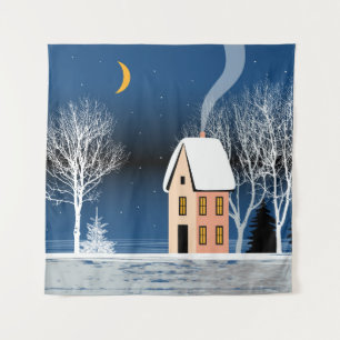 Winter night landscape. Cosy house, various trees, Tapestry
