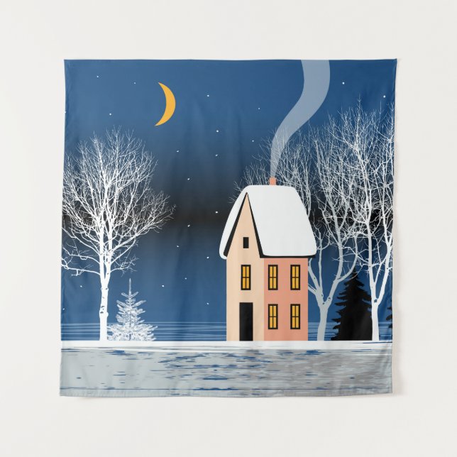 Winter night landscape. Cosy house, various trees, Tapestry (Front)