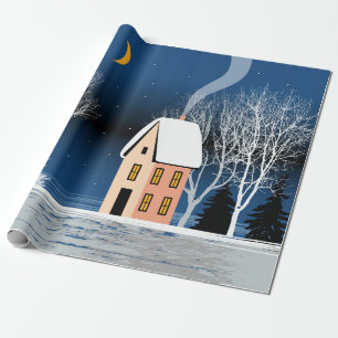 Winter night landscape. Cosy house, various trees, Wrapping Paper