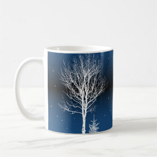 Winter night landscape, cozy house, moon. coffee mug