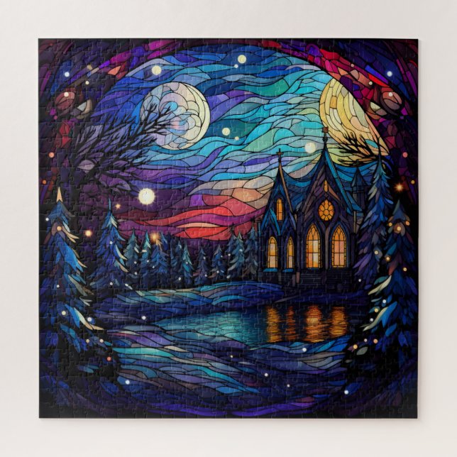 Winter Night Landscape In Stained Glass Style Jigsaw Puzzle (Vertical)