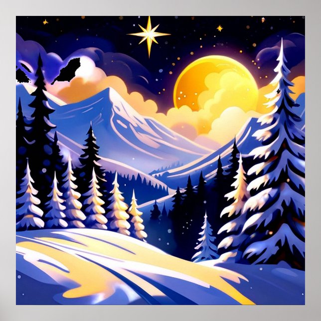 Winter Night Landscape With Snowy Mountains Poster (Front)
