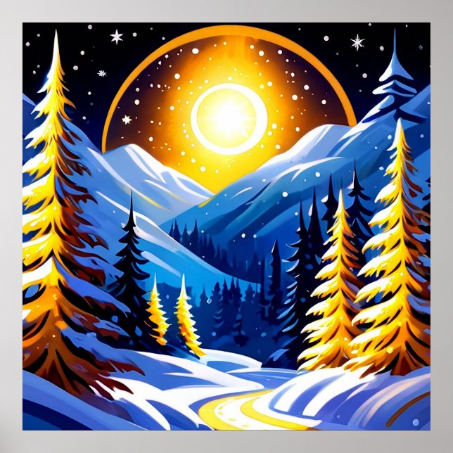 Winter Night Landscape With Snowy Mountains Poster (Front)
