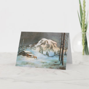WINTER NIGHT LOG CABIN by SHARON SHARPE Holiday Card