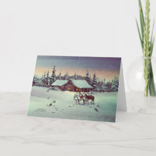WINTER NIGHT LOG CABIN by SHARON SHARPE Holiday Card