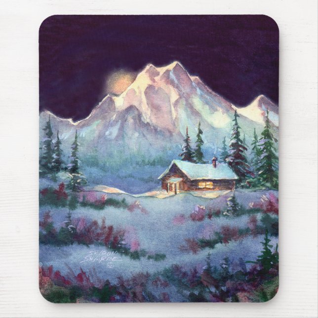 WINTER NIGHT LOG CABIN by SHARON SHARPE Mouse Pad (Front)