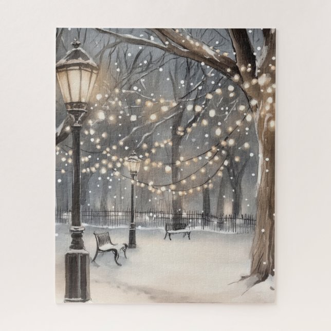 Winter Night Snow Park String Lights Jigsaw Puzzle (Vertical)