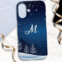 Winter Night Snow Scene Blue Monogrammed