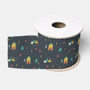 Winter Night Snowflakes Landing on Little Houses Grosgrain Ribbon