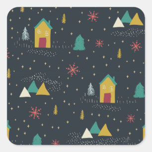 Winter Night Snowflakes Landing on Little Houses Square Sticker