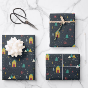 Winter Night Snowflakes Landing on Little Houses Wrapping Paper Sheet