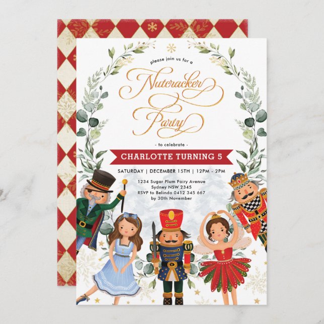 Winter Nutcracker Greenery Wreath Birthday Party Invitation (Front/Back)