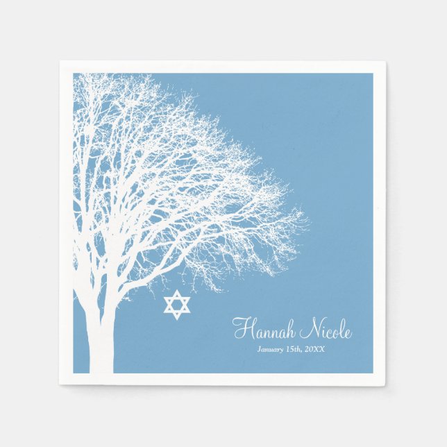 Winter Oak Tree Blue White Bat Mitzvah Custom Napkin (Front)