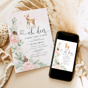Winter Oh deer a Sweet baby is near baby shower Invitation