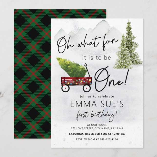 Winter Oh What fun Christmas Tree First Birthday I Invitation (Front/Back)