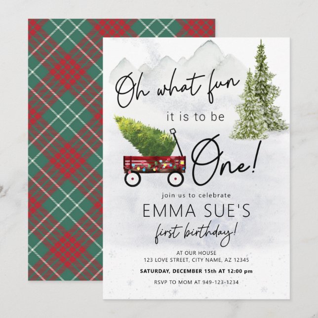 Winter Oh What fun Christmas Tree First Birthday Invitation (Front/Back)