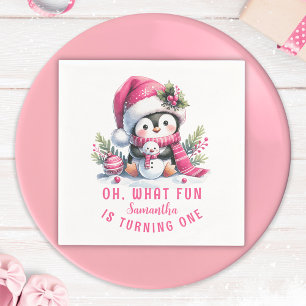 Winter Oh What Fun Penguin Pink Girl 1st Birthday Napkin