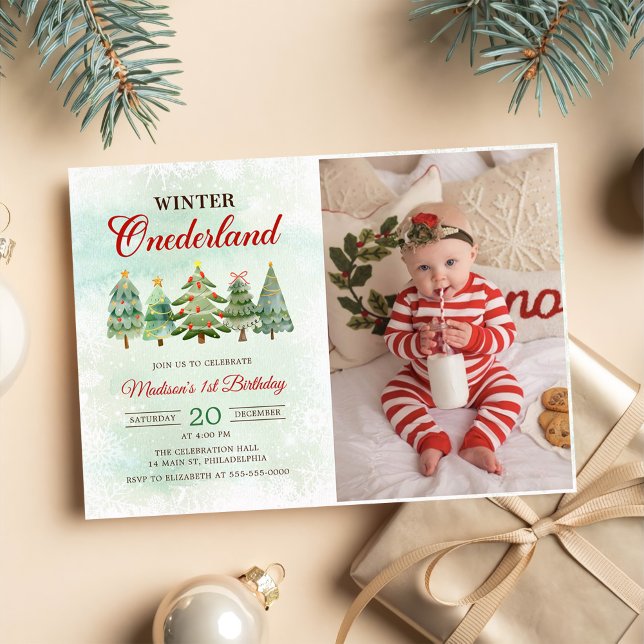 Winter Onderland Christmas Tree 1st Birthday Party Invitation (Creator Uploaded)