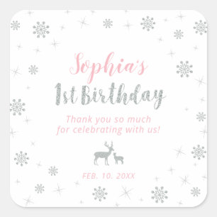 Winter onderland, Silver & Pink 1st Birthday Square Sticker