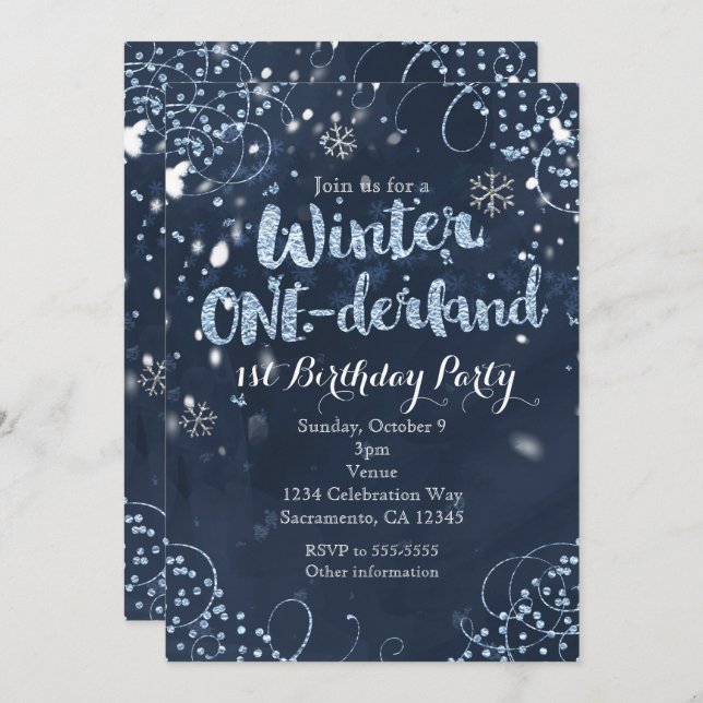 Winter ONE-derland 1st Birthday Party Invitations (Front/Back)