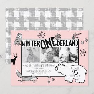 Winter One-derland 1st Birthday Tri Photo Woodland Invitation
