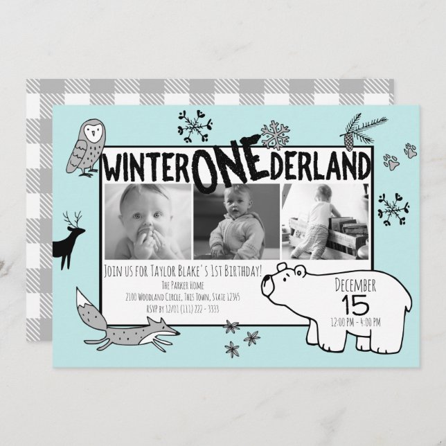 Winter One-derland 1st Birthday Tri Photo Woodland Invitation (Front/Back)