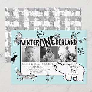 Winter One-derland 1st Birthday Tri Photo Woodland Invitation