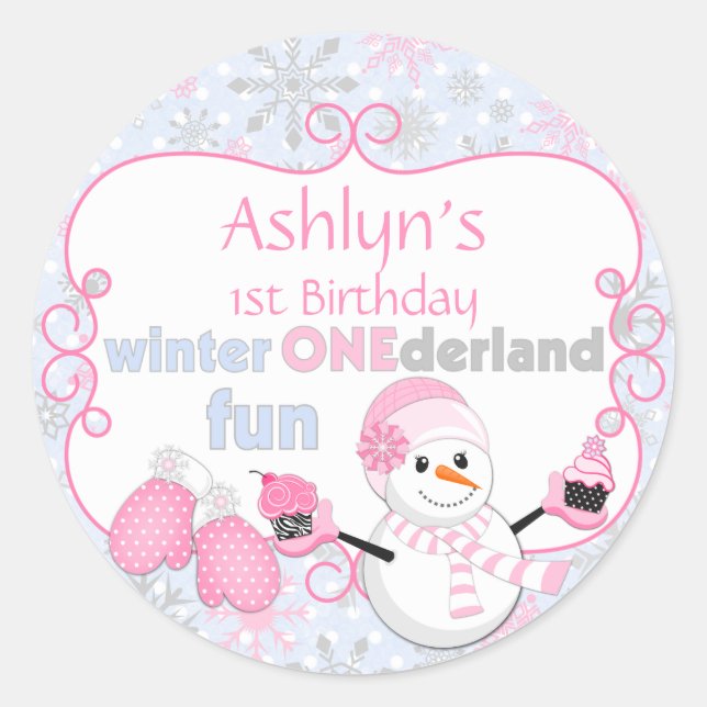Winter One-derland First Birthday Snowman Mittens Classic Round Sticker (Front)