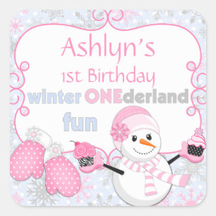 Winter One-derland First Birthday Snowman Mittens Square Sticker