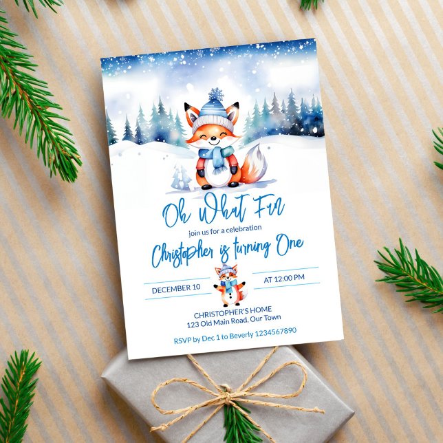Winter onederalnd cute fox birthday party invitation (Winter onderland cute fox birthday editable template invitation digital download watercolor forest)