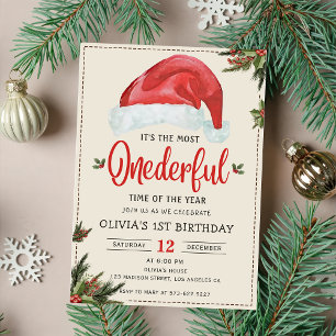 Winter Onederful Christmas Santa Hat Birthday Invitation