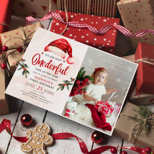 Winter Onederful Christmas Santa Hat Birthday Invitation