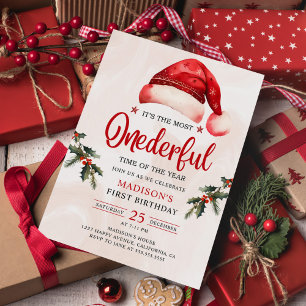 Winter Onederful Christmas Santa Hat Birthday Invitation
