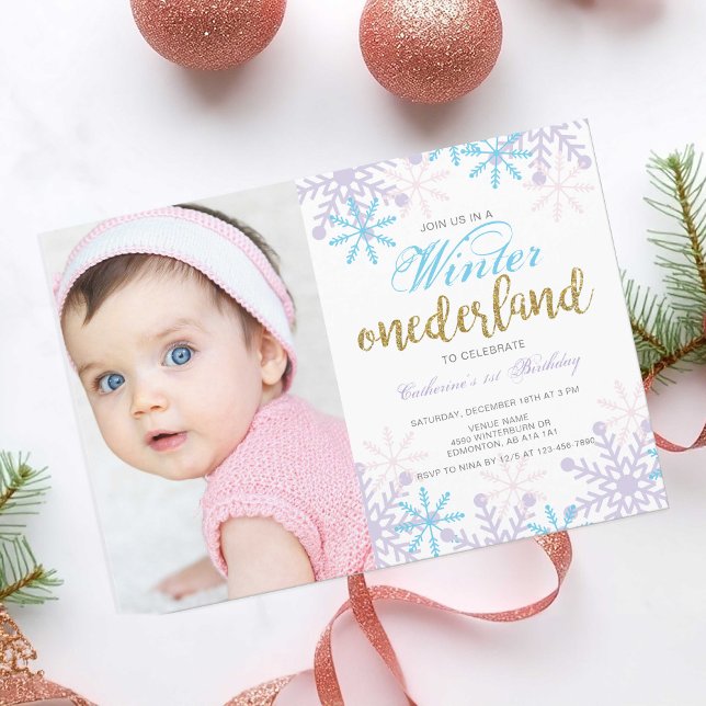 Winter Onederland 1st Birthday Baby Girl photo Invitation (Creator Uploaded)