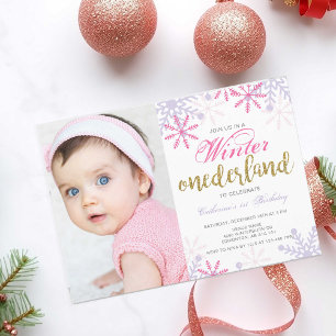 Winter Onederland 1st Birthday Baby Girl Pink Invitation